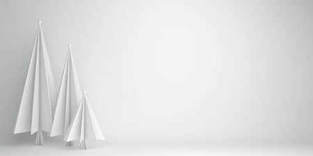 Winter abstract background, pine, spruse, fir tree art paper cut origami on white. 3D rendering illustration.の写真素材
