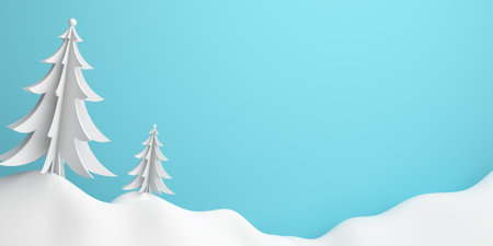 Winter abstract background, pine, spruse, fir tree art paper cut origami with blue pastel sky. 3D rendering illustration.の写真素材