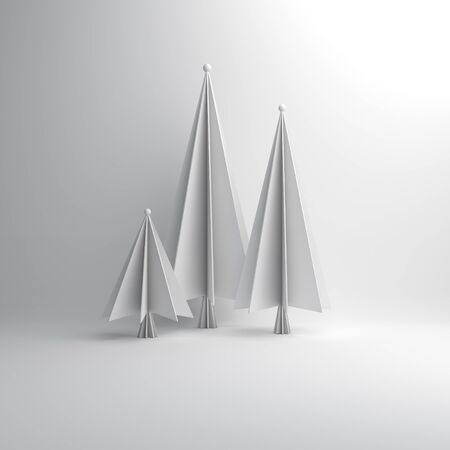 Winter abstract, design creative concept, pine, spruce, fir tree art paper cut origami on white background. Flat lay, 3D rendering illustration.の写真素材
