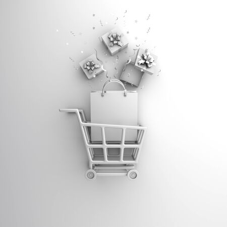 Winter abstract mock up design minimal creative concept, trolley cart, shopping bag, gift box, confetti on white background. Copy space text area. 3D rendering illustration.の写真素材