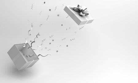 Winter abstract design minimal creative concept, opened gift box and confetti on white background. Copy space text area. 3D rendering illustration.の写真素材