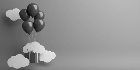 Black friday sale event design creative concept, flying balloon, gift box, paper cut cloud on dark background. 3D rendering illustration.の写真素材