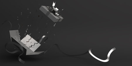 Black friday sale event, design creative concept, opened gift box with ribbon and confetti in the studio lighting, copy space text, flat lay. 3D rendering illustration.の写真素材