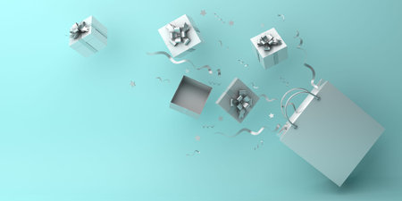 Winter abstract design creative concept, white flying shopping bag, gift box and confetti on blue...