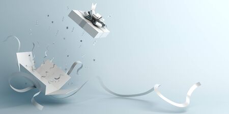 Winter abstract design minimal creative concept, white opened gift box and confetti on blue pastel background. Copy space text area. 3D rendering illustration.の写真素材