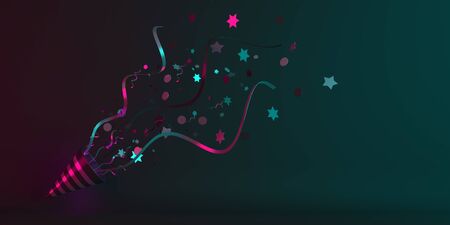 Happy New Year design creative concept, party popper cone and glittering confetti on blue pink gradient background. Copy space text area, 3D rendering illustration.の写真素材