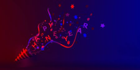 Happy New Year design creative concept, party popper cone and glittering confetti on blue red gradient background. Copy space text area, 3D rendering illustration.の写真素材