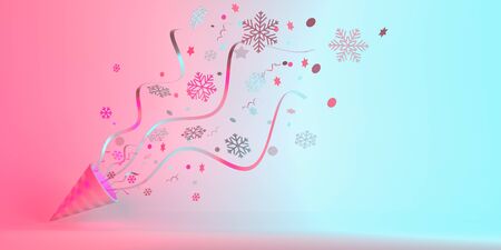 Winter creative concept, opened gift box and glittering confetti on blue pink pastel gradient background. Copy space text area, 3D rendering illustration.の写真素材