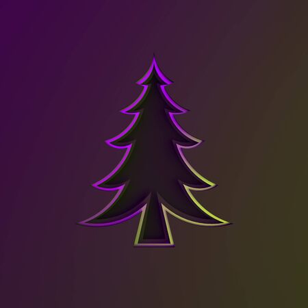 Purple violet green gradient silver chrome spruce, fir tree art paper cut origami on dark black background. Flat lay, 3D rendering illustration.の写真素材