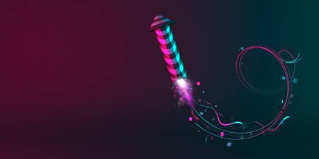 Happy New Year, firework rocket and glittering confetti on green purple gradient background. Copy space text area, 3D rendering illustration.の写真素材