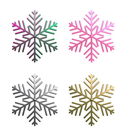 Winter abstract design creative concept, collection of gradient, pink,silver chrome, gold snow icon isolated on white background. 3D rendering illustration.の写真素材