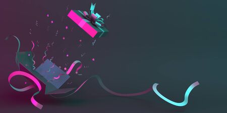 Black friday sale event, design creative concept, opened gift box with ribbon and confetti on blue pink neon gradient background, copy space text, flat lay. 3D rendering illustration.の写真素材