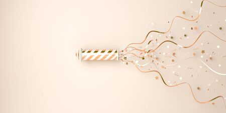 Happy New Year design creative concept, gold and white rocket firework and glittering confetti background. Copy space text area, 3D rendering illustration.の写真素材