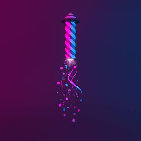 Happy New Year design creative concept, firework rocket and glittering confetti on green purple gradient background. Copy space text area, 3D rendering illustration.の写真素材