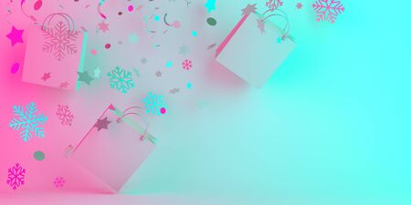 Winter creative concept, flying shopping bag and glittering confetti on blue pink pastel gradient background. Copy space text area, 3D rendering illustration.の写真素材