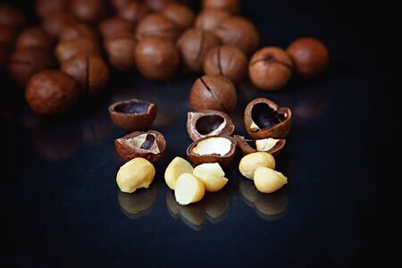 Peeled and unpeeled macadamia nuts on a black backgroundの写真素材