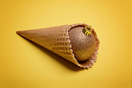 Golden christmas ball in ice cream waffle cone on yellow background.