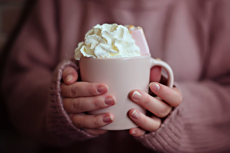 Dusty pink mug with coffee with cream and marshmallows in the hands of a woman in a warm pink...