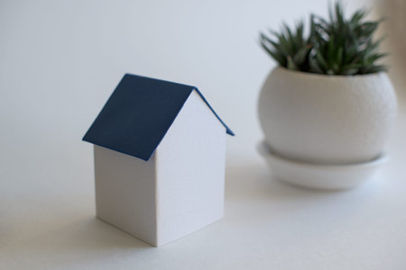 A model of a house with a classic blue roof near the flower pot on a white surfaceの写真素材