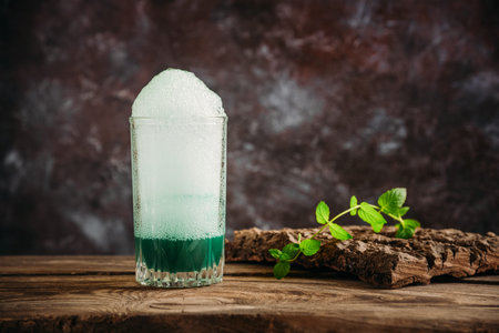 Mint oxygen cocktail in a glass on a wooden table on a dark background.
