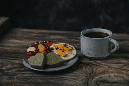 Chocolates with dried fruits and a cup of espresso coffee.