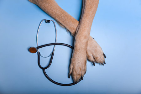 Paws of a dog of the shepherd breed and a stethoscope on a blue background.