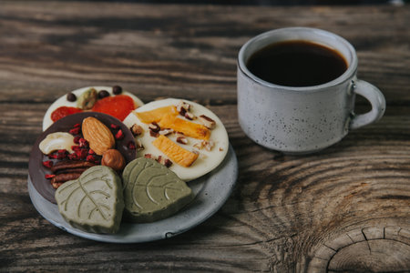 Chocolates with dried fruits and a cup of espresso coffee.