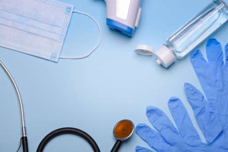 Medical accessories on a blue background. Place for text. Copy space.の写真素材