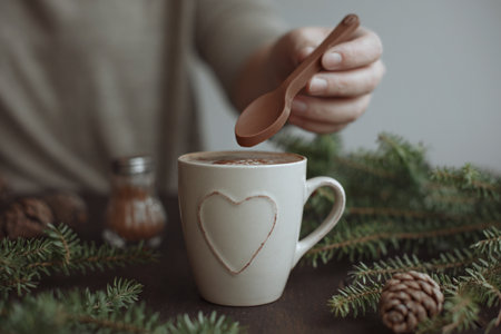 A woman prepares Christmas coffee with cinnamon. Spruce branches and cones, chocolate spoon. Winter mood.の写真素材