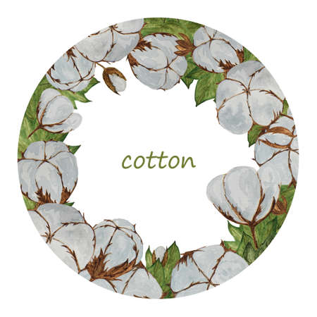 Round frame with leaves, branches and cotton bolls.の写真素材