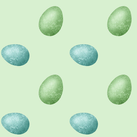 Seamless pattern of Easter eggs in green and blue color with acrylic paint texture.