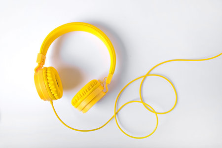 Yellow wired headphones on a white background.