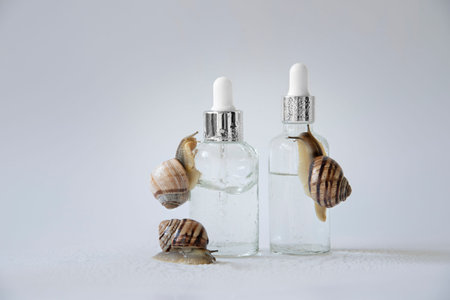 Snails are crawling on a glass bottle of face serum with snail mucin.の写真素材