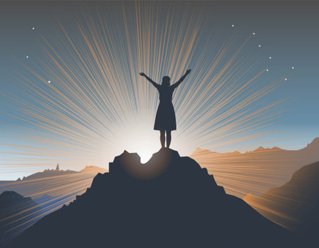 The silhouette of a woman on the top of a mountain due to which the rays of the setting sun are visible.のイラスト素材