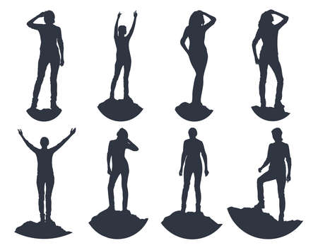 Set of 8 silhouettes of a girl on the top of the mountainのイラスト素材