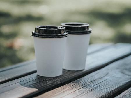 Two white paper cups of coffee on the background of a green park. Copyspace and mockup.の写真素材