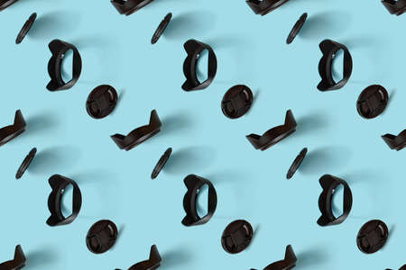 A pattern of photo accessories - lens caps and lens hoods.の写真素材