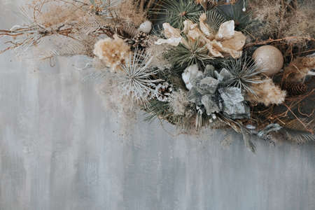 Christmas wall composition. Christmas wreath in rustic style.の写真素材