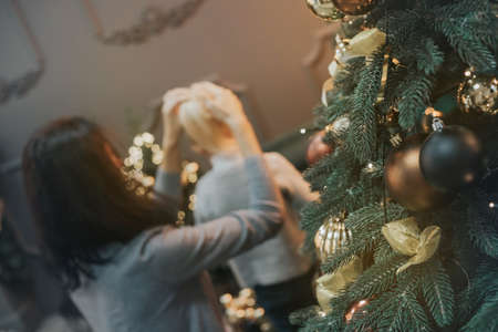 Mom is combing her daughter near the Christmas tree.の写真素材