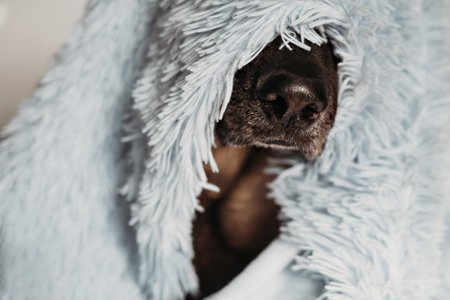 A dog of breed German shepherd covered with a blanket. Selective focus.の写真素材