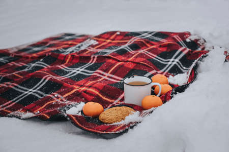 A mug of tea, cookies and tangerines on a red checkered blanket in the snow.の写真素材