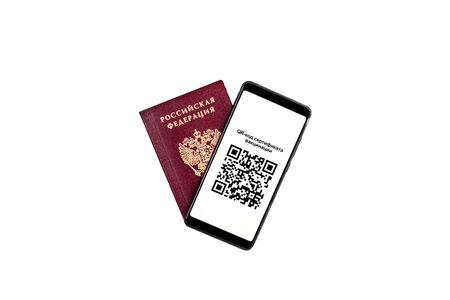 Russian passport and phone with text in Russian - QR code of vaccination certificate. Isolated on...