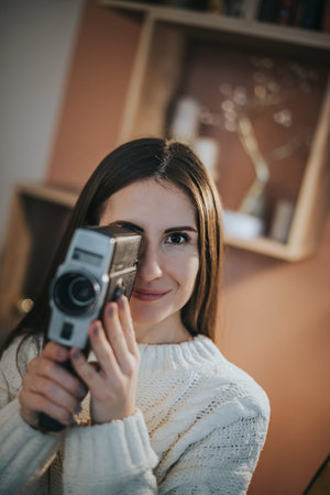 A young woman shoots a movie with an old retro camera.