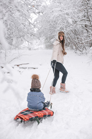 Mom and son are walking in the snow in the forest.の写真素材
