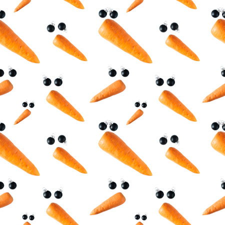 Seamless pattern. Creative snowman faces made of carrots and black Christmas balls on a white background.の写真素材