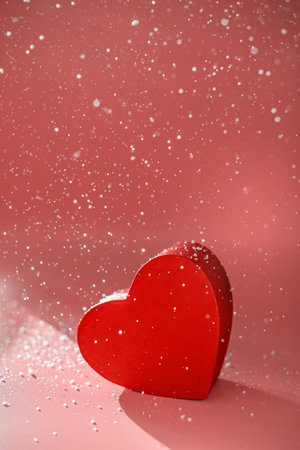 Snow falls on a red heart shaped box on a dusty pink background. Concept for Valentine's Day. copyspace. Place for text.の写真素材