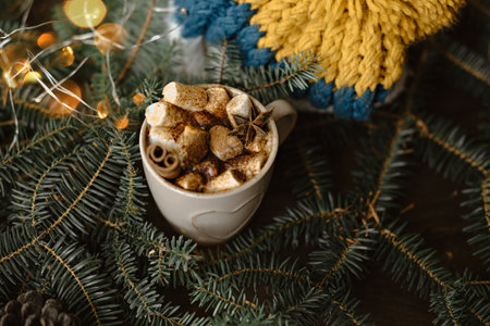 A mug of hot chocolate with cinnamon and marshmallows surrounded by fir branches, garlands and a yellow-blue knitted hat. Christmas still life.の写真素材