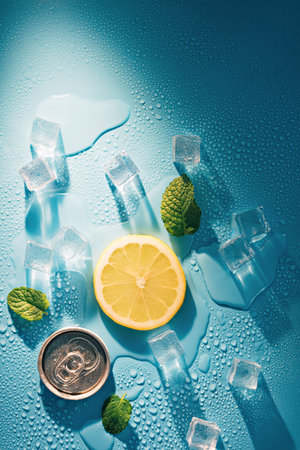 Creative summer composition with lemon slice, mint leaves, can of soda and ice cubes. Top down minimal lemonade drink concept.の写真素材