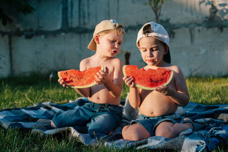 Boys eating watermelon on the green backyard lawn.の写真素材