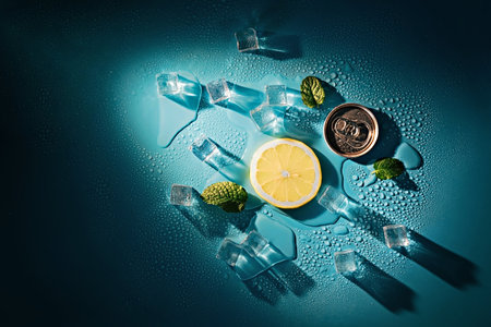 Creative summer composition with lemon slice, mint leaves, can of soda and ice cubes. Top down minimal lemonade drink concept.の写真素材
